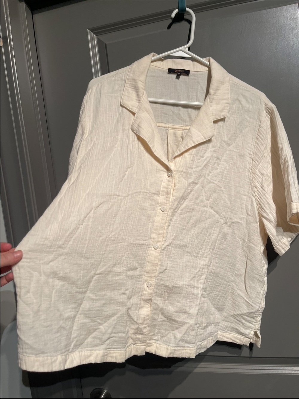 Quince Cream Button-Up Short Sleeve Linen Blouse Large